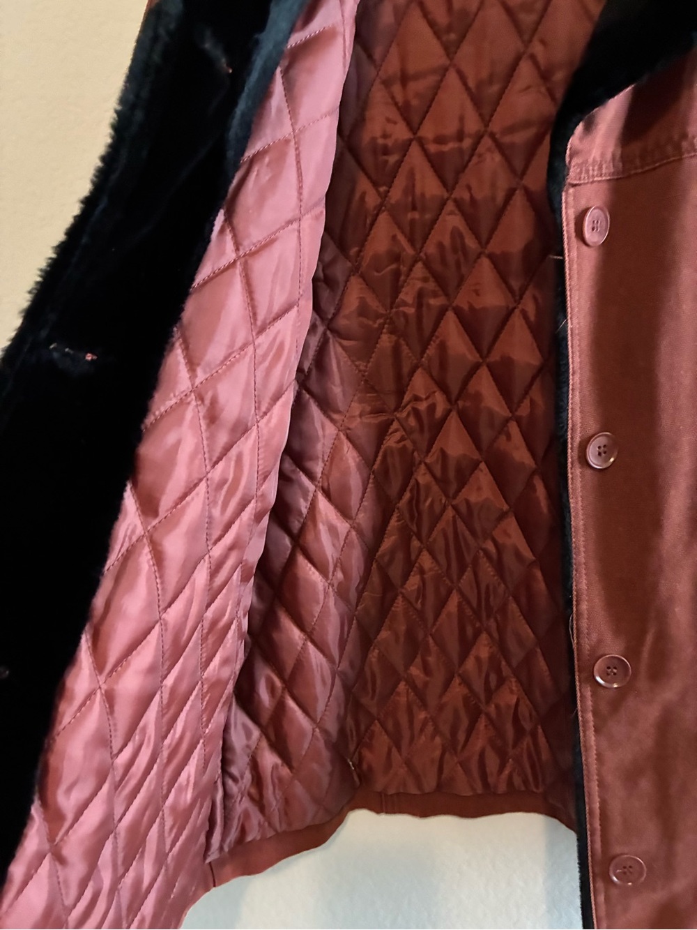 The Territory Ahead Women Red Brown Barn Coat with Black Faux-Fur Trim  Vintage - Picture 4 of 5